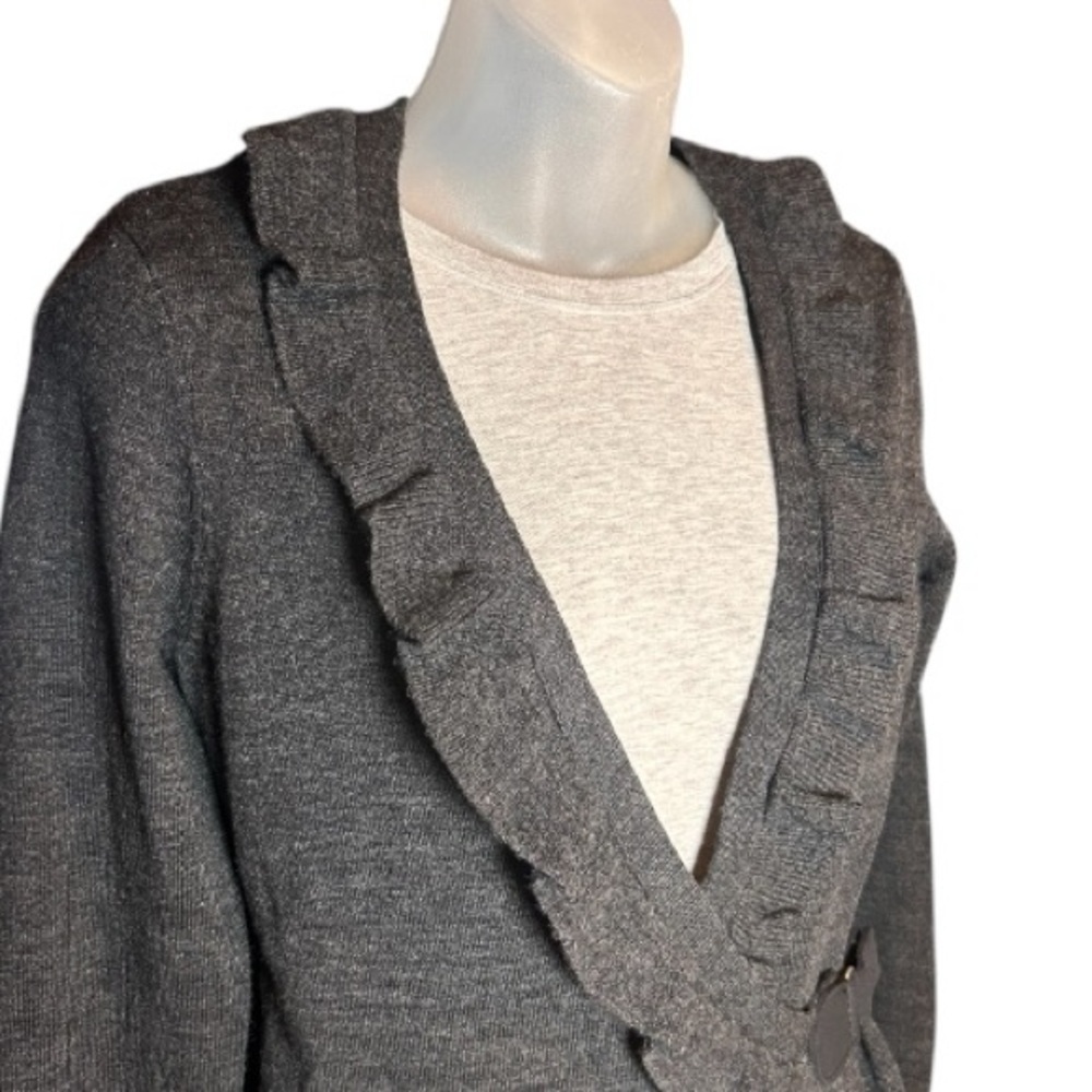 Elegant Merino 100% Wool V-neck Wrap Sweater Women Petite S Gray Ruffle Trim - Picture 4 of 10
